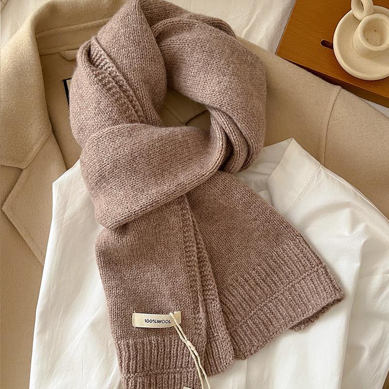 Exquisite Korean Autumn and Winter Simple Solid Color Ribbed Pure Wool Thickened Knitted Warm Scarf