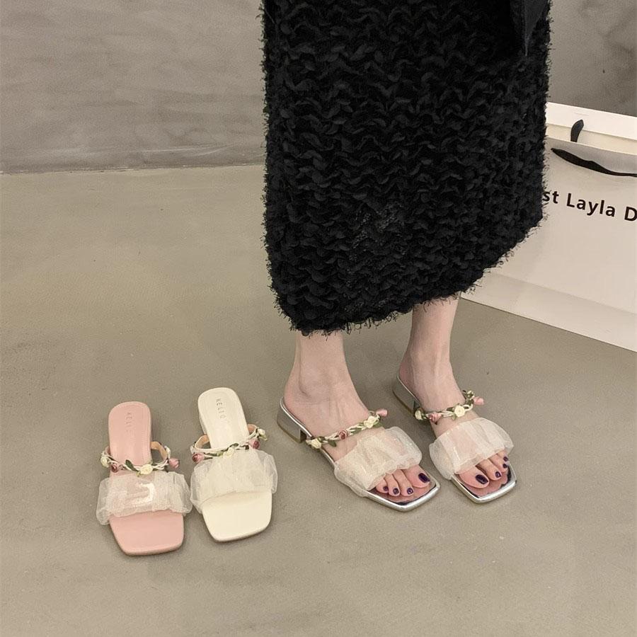 Fashion Shoes Slippers Casual Square Heel Pink Slides Slipers Women Luxury Block Summer 2025 Scandals Toe Shoes Ladies' Slippers Pink Sl