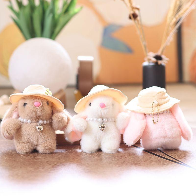 Decor Simulated Pearl Embroidered Flower Hat Cartoon Rabbit Plush Toy Pendant