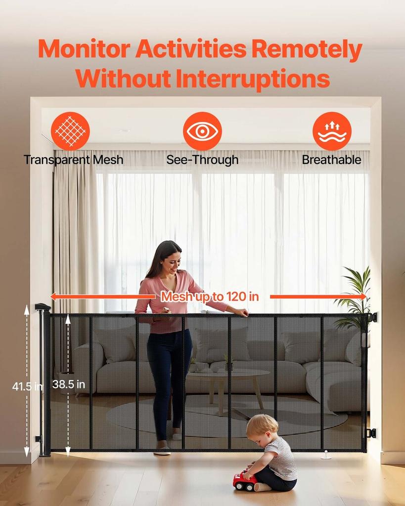 Retractable Baby Gate, Extends to 3050 mm Extra Wide, 980 mm Tall, with Reinforced Fiberglass Strips, Avoids Crawling Through, Mesh Dog Gate for