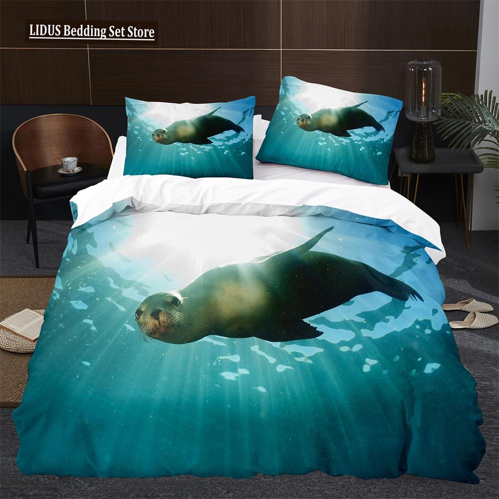 Пододеяльник Морской лев размера кинг/квин, милый комплект постельного белья с морскими животными для детей, мальчиков, девочек, синий, море, пляж, полиэстер, чехол для одеяла