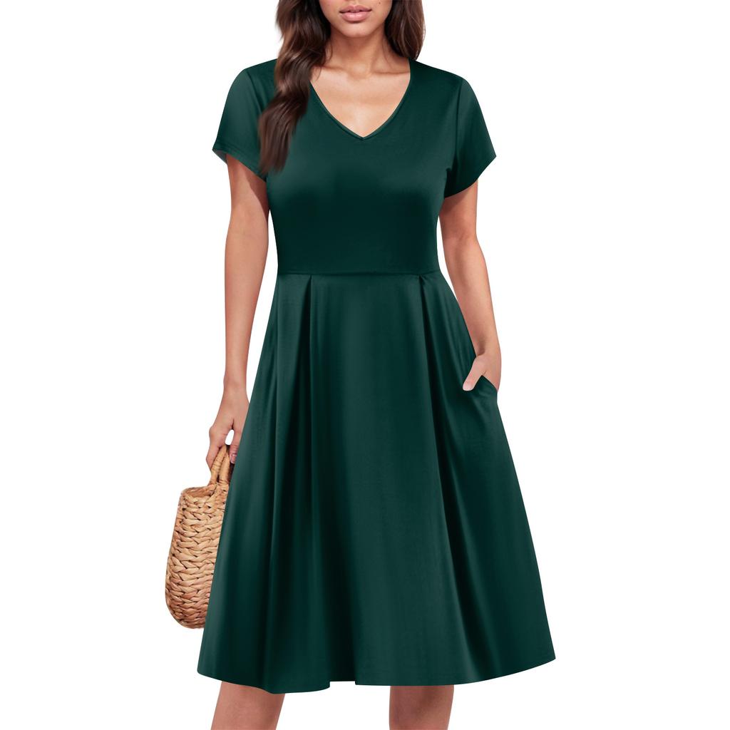 Women's Dress V Neck Sleeve Summer Dress Pleated Elastic Waist A-Line Dress
