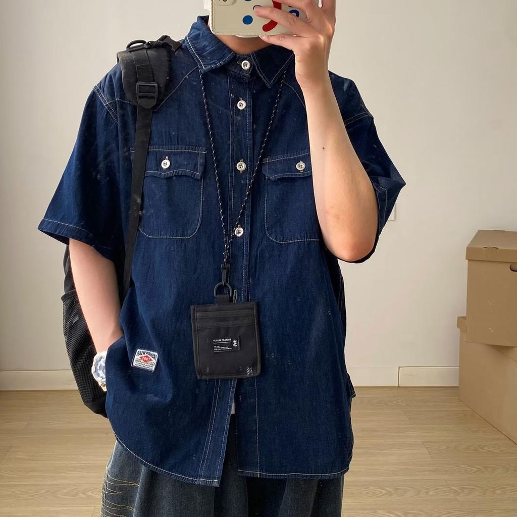 Японский ретро модный бренд летняя свободная джинсовая рубашка с короткими рукавами художественная молодежная рабочая рубашка мужская и женская многослойная куртка