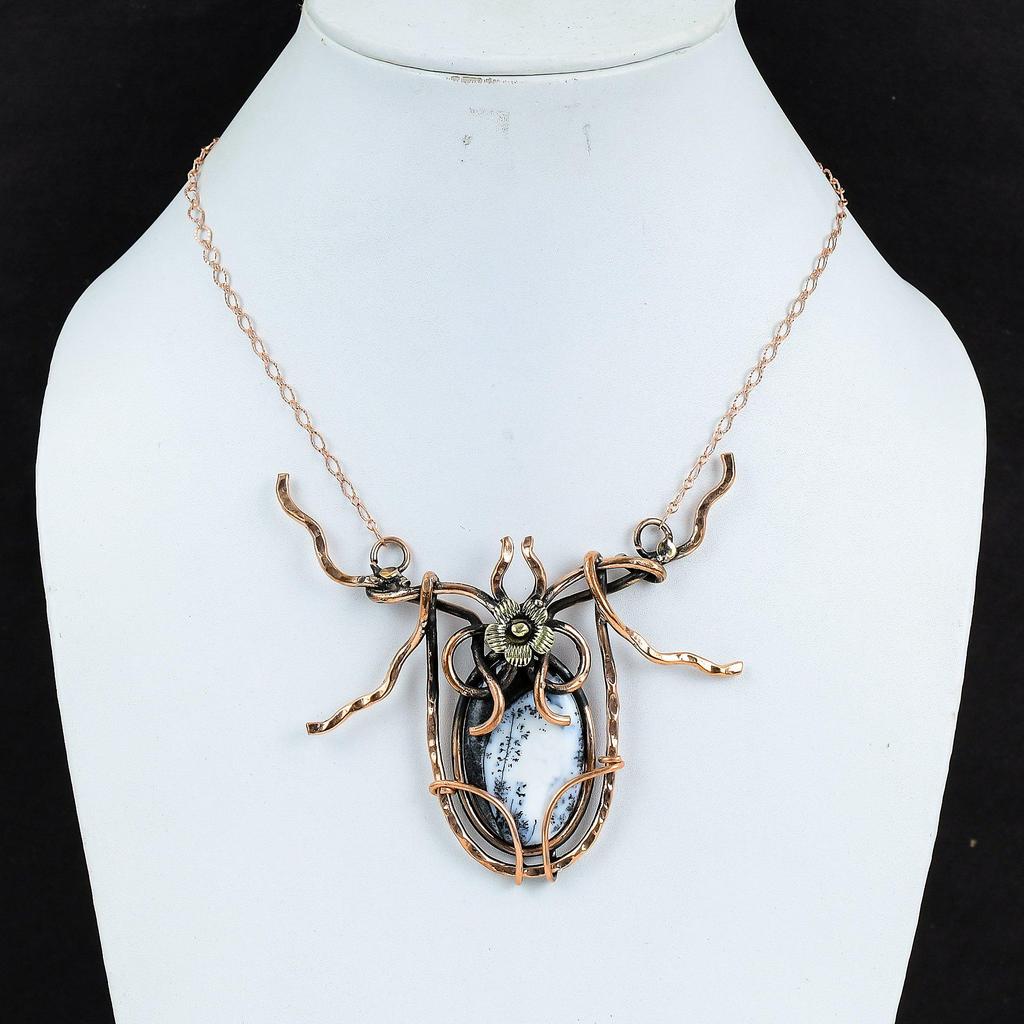 Ожерелье из дендритового опала, украшения, обмотанные медной проволокой, ожерелье ручной работы с регулируемой длиной, ожерелье с драгоценным камнем, украшения, обмотанные медной проволокой, подарки для женщин