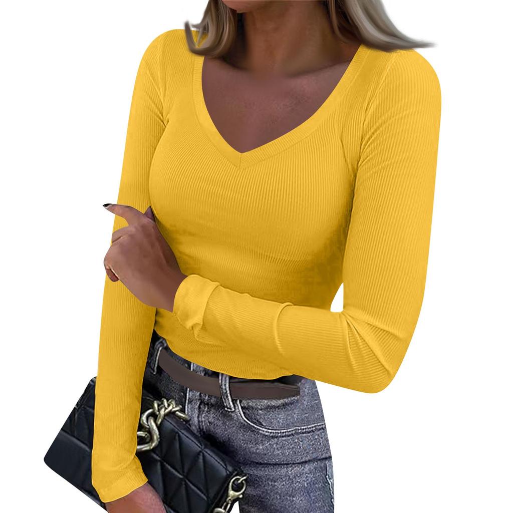 Женская и зимняя футболка с тонким низом, модный повседневный однотонный свитер с V-образным вырезом и длинным рукавом
