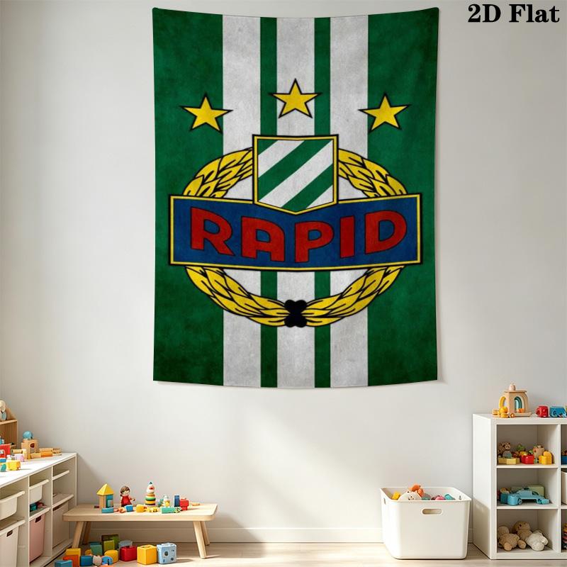 Rapid Vienna FC Tapestry, Football Club Logo Green White Striped Wall Hanging, Sports Team Wall Art Decor