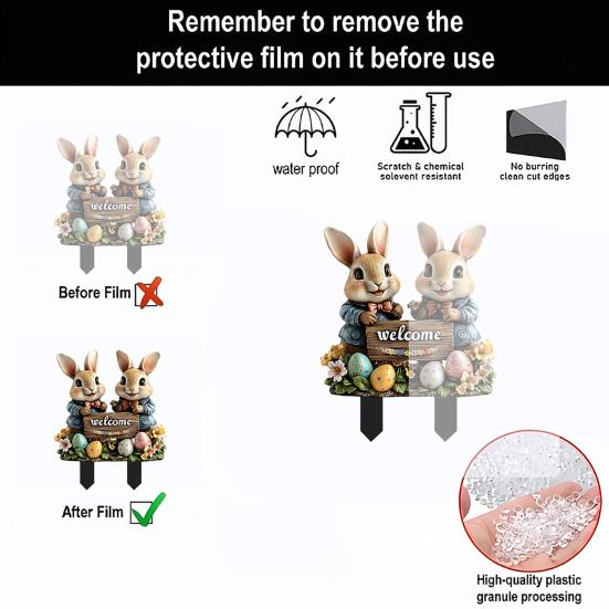 Easter Garden Stake 2D Acrylic Bunny Yard Decor Stake Cartoon Rabbit Colored Eggs Welcome Sign Stake Fairy Garden Accessories for Lawn Porch