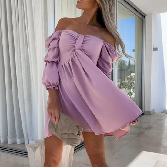 Женское мини-платье с открытыми плечами, свободный подол, высокая талия, объемные рукава, трапециевидное однотонное мягкое плиссированное женское пляжное платье для выпускного вечера