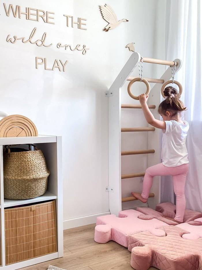 Wall Gym Kids Home Gym Детская стенка Шведская стенка Деревянная рама для скалолазания Кольца для тренировок Крытая игровая площадка Малыш белый