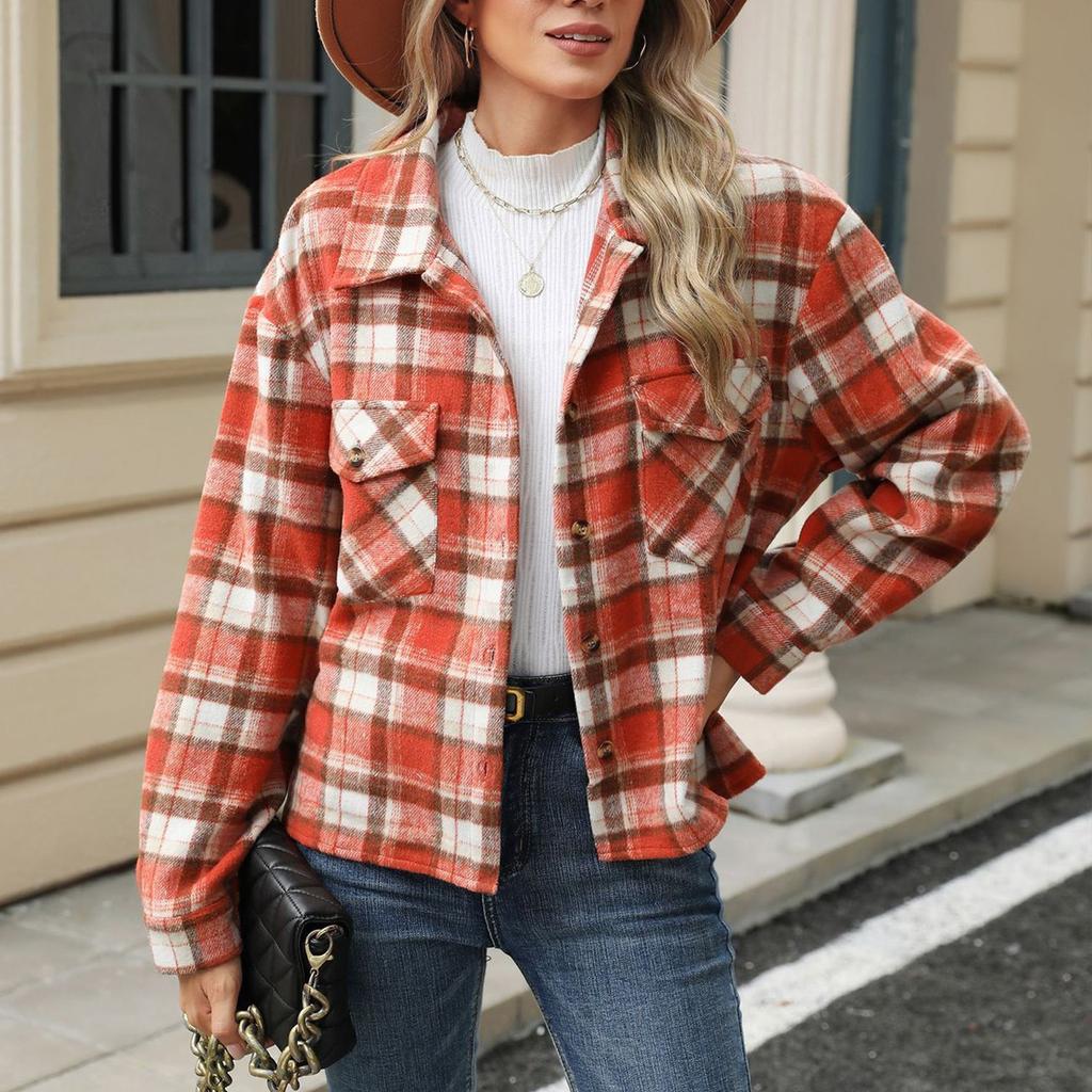 Женское и зимнее новое шерстяное пальто с длинным рукавом и карманами в клетку