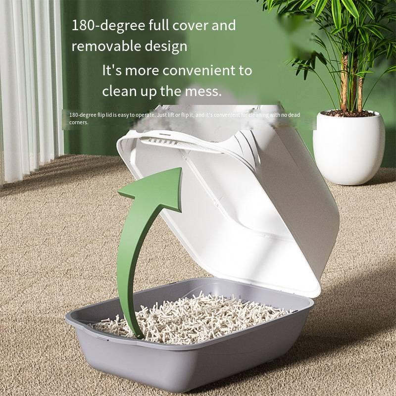 Large fully enclosed cat litter box withopen top for splash prevention Pet-specific toilet with handle Cat litter box deodorizer