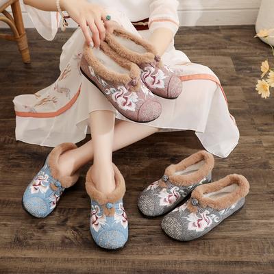 [Yayun] 2024 зимняя бархатная окантовка модная круглая вышитая тканевая обувь осенне-зимняя однопедальная женская обувь из хлопка