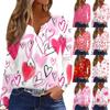 Women's Fashion Casual Valentine's Day Printed V-Neck Long Sleeve Button Down T-Shirt Top