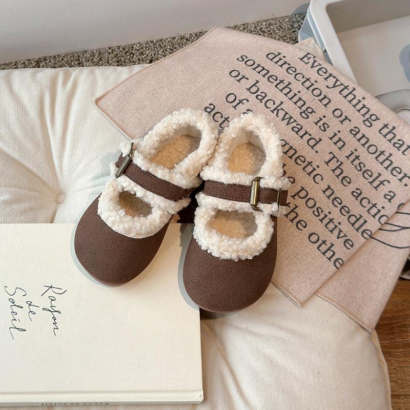 Детская зимняя хлопковая обувь, детская толстая теплая плюшевая меховая обувь, простая пряжка, мокасины для девочек, нескользящая обувь, осень 2024 г., новинка