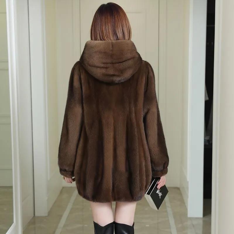 Women's Loose and Thickened Winter Fur Coat with Imitation Mink Fur Fur Imitation Mink Fur Coat Female Hooded Imitation Mink Fur Coat