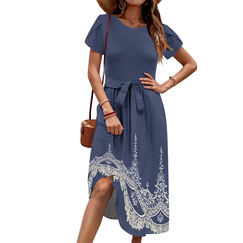 Women's Casual Cute Pattern Print Round Neck Midi Dress Basic Classic Outdoor Everyday Short Sleeve Loose Dress