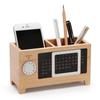Desk Organizer Gift Table Container Pen Pencil Holder Two Grids Wooden Storage Box with Calendar