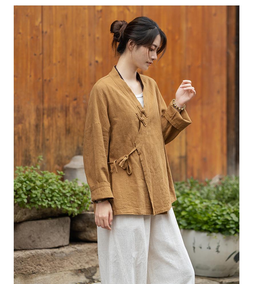 Топ в стиле дзен-ханфу из ткани рами с промытым песком – женская весенняя версия, перекрестный воротник, новый дизайн в стиле китайского чайного искусства