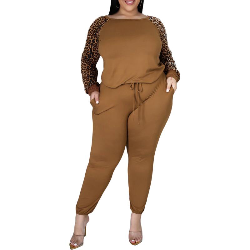 Весенне-осенний большой женский модный повседневный большой женский костюм с леопардовым принтом и контрастным принтом из двух предметов