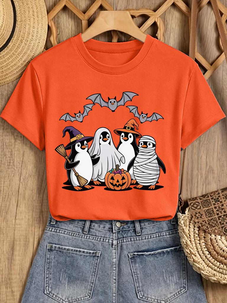 Ladies' Elegant Short Sleeved Penguin Witch Ghost Pumpkin Cartoon Printed Round Neck T-shirt Elegant Retro Comfortable Soft Top