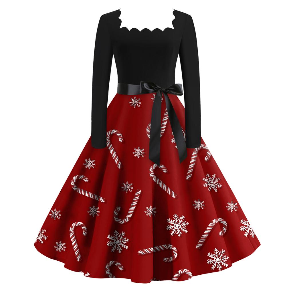 Женское модное ретро вечернее платье с длинным рукавом, квадратным вырезом и рождественским принтом
