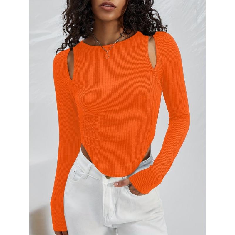 Весна и осень женский полый нерегулярный круглый вырез вязаный сексуальный модный топ с длинными рукавами