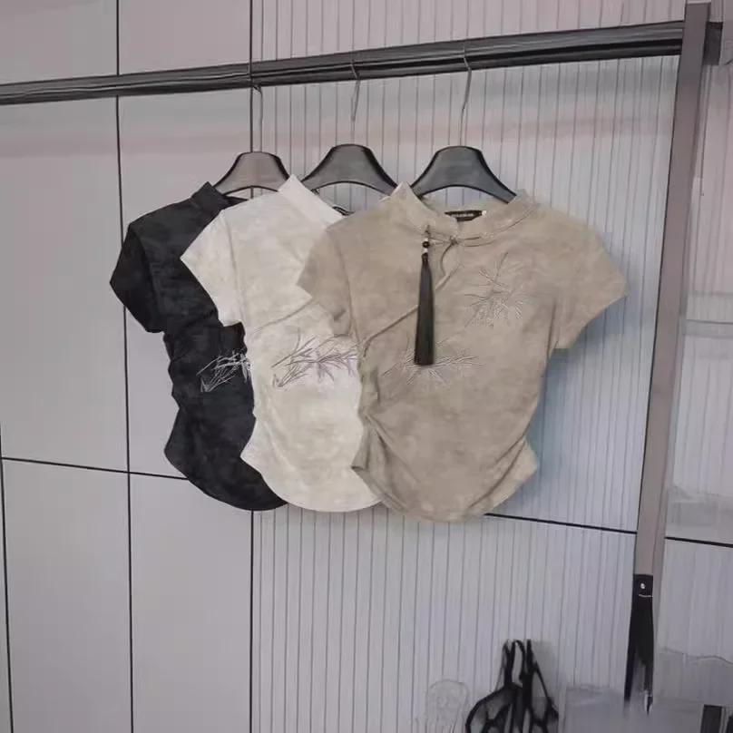 Футболка женская Thirteen Lines 2024 в китайском стиле с вышитыми пуговицами, короткий топ