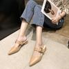 Belt Buckle Half Slippers for Women To Wear Externally 2024 Summer New Korean Style Pointed Thick Heel Wrapped Slippers for Women