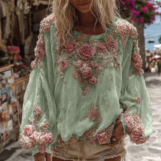 Women Tops V-Neck Lantern Long Sleeve Casual Loose Fit Shirt 3D Flower Pattern Casual Women Shirt Daily Wear