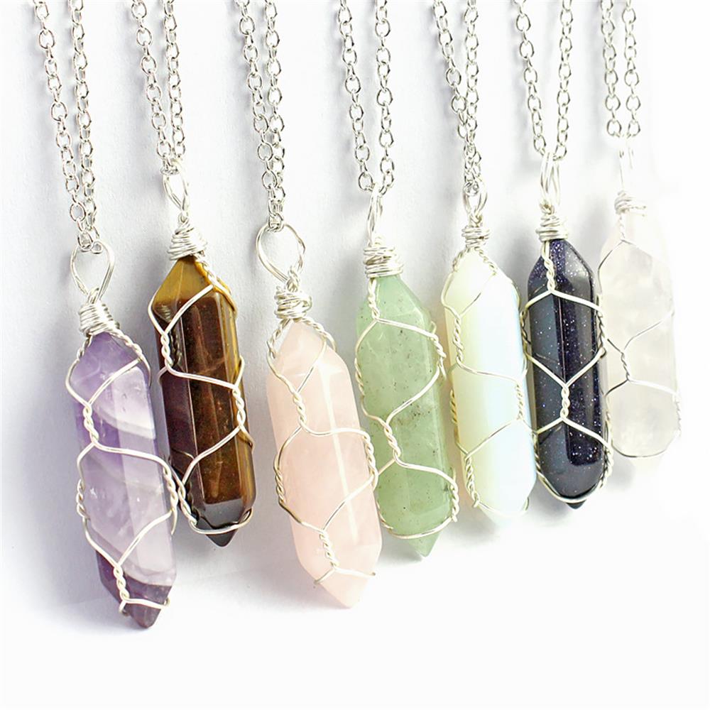 Blue sand Wire Wrap Stone Pendant Natural Stone Hexagonal Cylindrical Crystal Necklace Rose Quartz