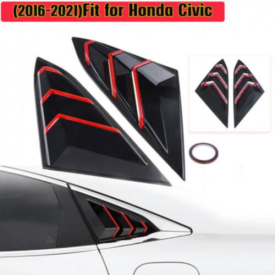 Window Side Louvers Vent Black &Red Accessories For Honda Civic Seden 2016-21 +