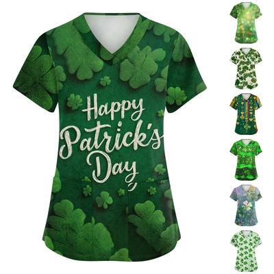 Женская мода с v-образным вырезом, короткими рукавами и карманами, топы с принтом