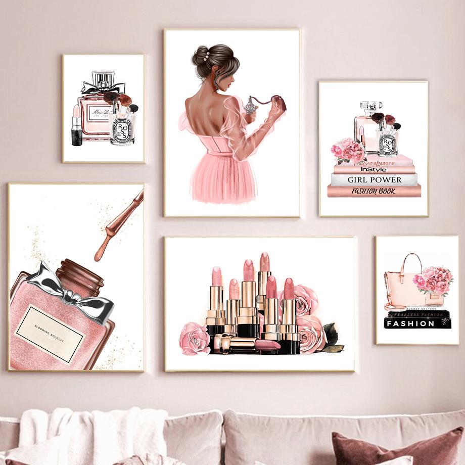 Flower Perfume Lipstick Book Fashion Makeup Nordic Posters And Prints Art Canvas Painting Wall Pictures For Living Room Decor