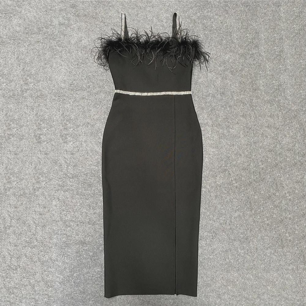 «Сексуальное платье-бандаж миди с разрезом и перьями в стиле знаменитостей из Европы и Америки с бриллиантами»