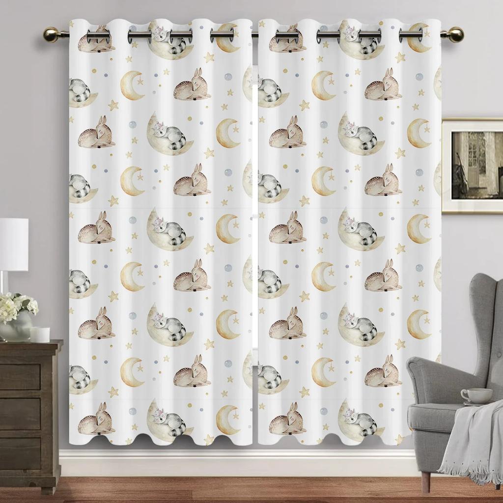 Занавеска на окно с изображением животных из мультфильмов для гостиной, акварельный кролик, медведь, люверсы, лунный принт, новые шторы для детской комнаты, высокая затененность
