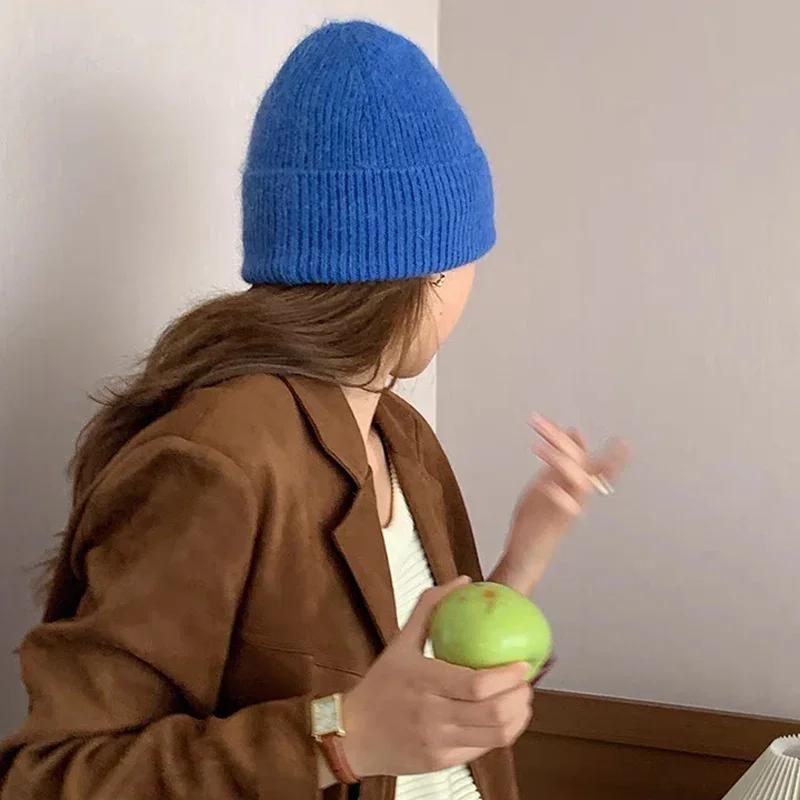 2024 Ангорская вязаная зимняя шапка для женщин из меха кролика, пушистые вязаные шапки, корейская роскошная шапка для женщин, мягкие теплые шапки Skullies