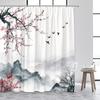 Ink Landscape Shower Curtain Abstract Mountain Water Red Floral Birds Chinese Style Bath Curtains Home Bathroom Decor with Hooks