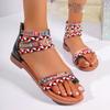 Женские римские сандалии с плетеным ремешком на щиколотке, летние бохо-принтованные сандалии на плоской подошве, женские повседневные пляжные туфли больших размеров