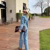 Women Jumpsuits Turn Down Collar Full Sleeve Denim One Piece  Slim Fit Tight Waist Wide Leg Long Pants Overalls Casual Rompers