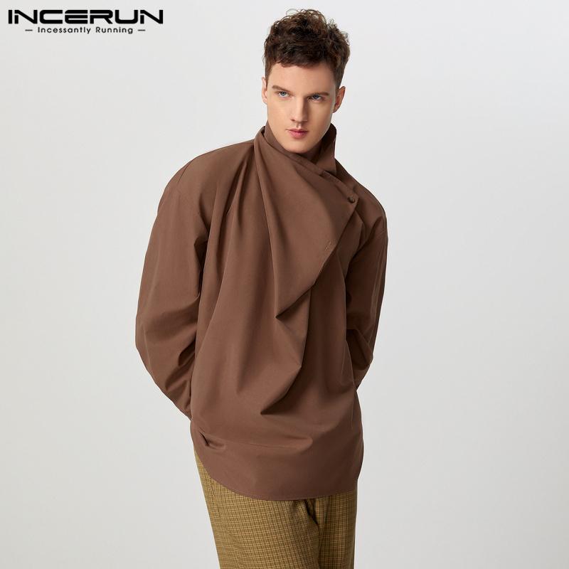 INCERUN Мужские футболки с длинным рукавом и воротником-стойкой с боковыми пуговицами