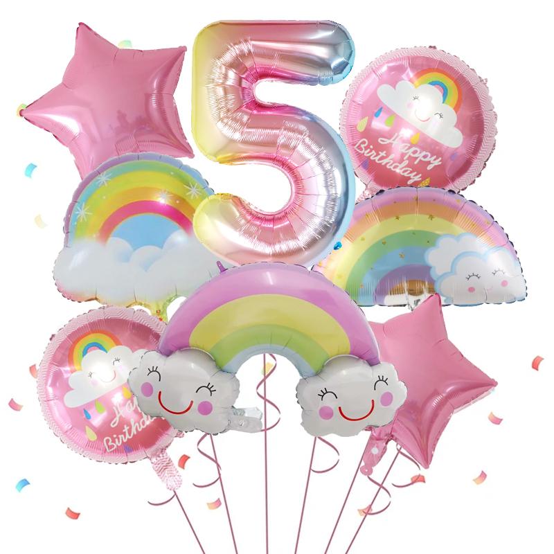 8pcs Rainbow Smile Cloud Balloon 30 inch Gradient Number Foil Balloons 1-9 Year Old Kids Birthday Party Decors Baby Anniversary
