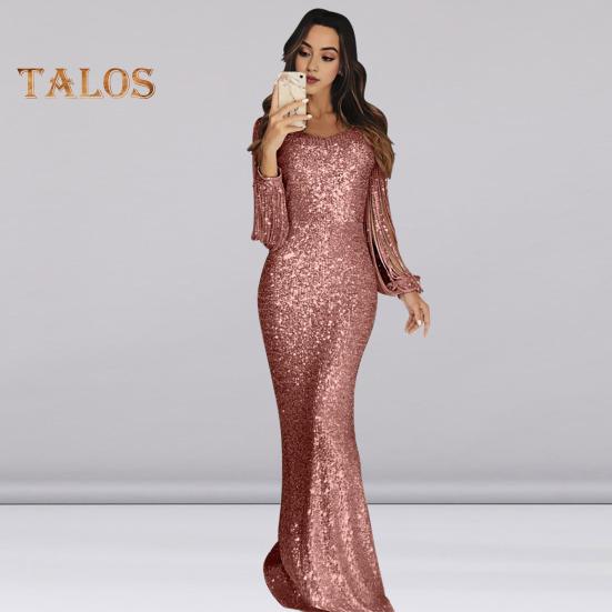 Женское платье для выпускного вечера с кисточками и рукавами-футляром, облегающее платье с V-образным вырезом, однотонное вечернее платье с блестками и рыбьим хвостом, коктейльное платье макси