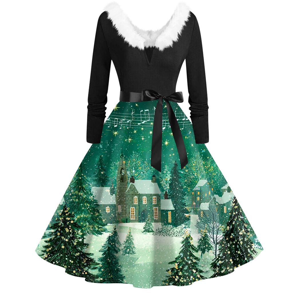 Женская мода с v-образным вырезом, повседневные тонкие рождественские платья с воротником из волос и длинными рукавами с принтом
