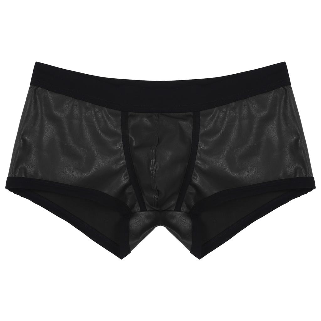 Men Low Waist Faux Leather Boxer Shorts Sports Swimming Trunks Swimwear Bulge Pouch Underpants Underwear