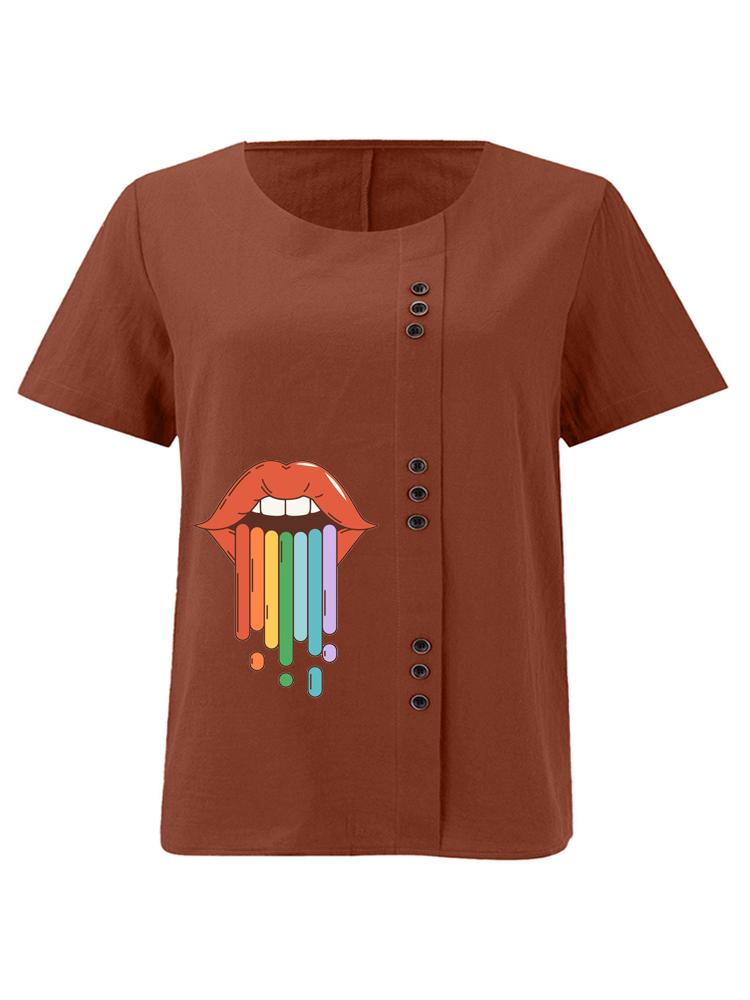 Women's Fashion Lips Rainbow Print Round Neck Short Sleeve T-shirt Summer Casual Cotton Linen Graphic Shirt Leisure Loose Blouse Tops
