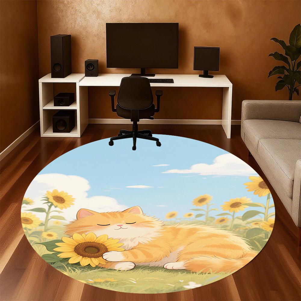 1PC Sunflower Kitten Field Round Chair mat Area Rug - Non-Slip, Floor Mat for Office, Bedroom, home decor Christmas Gift c0528023