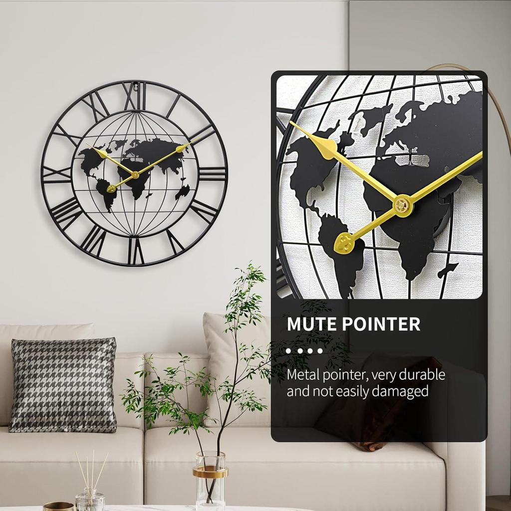 Large World Map Wall Clock, Metal Minimalist Modern Clock, Round Silent Non-Ticking Battery Operated Wall Clocks for Living Room/Home