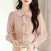 Autumn Fashion New 2024 Casual Long Sleeve Doll Collar Pink Chiffon Blouse Shirt Women Tops Blouses Shirts 417