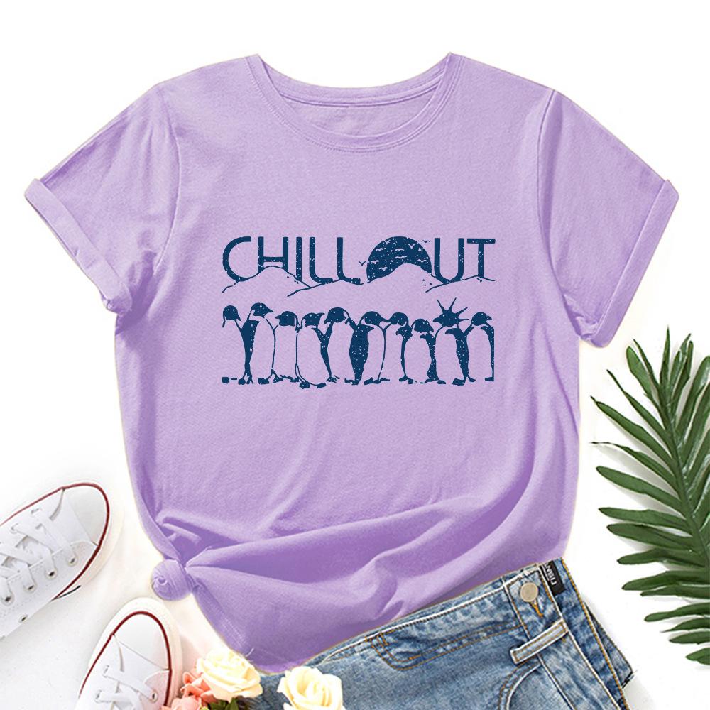 Хлопковая футболка с пингвином, с коротким рукавом, с круглым вырезом, женская, с 2D-принтом, топы