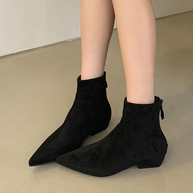 Мода Мода Флок Женские Ботильоны На Низком Каблуке Обувь Острый Носок Современные Женские Короткие Ботинки Обувь Женская Обувь На Молнии